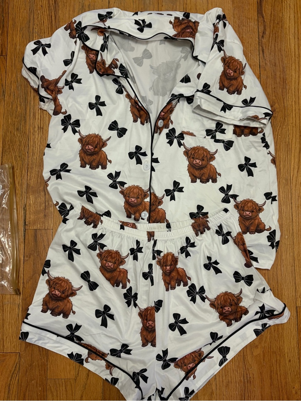 Womens White Pajama Set with Brown Highland Cow Print